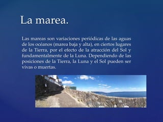 Las mareas son variaciones periódicas de las aguas
de los océanos (marea baja y alta), en ciertos lugares
de la Tierra, por el efecto de la atracción del Sol y
fundamentalmente de la Luna. Dependiendo de las
posiciones de la Tierra, la Luna y el Sol pueden ser
vivas o muertas.
La marea.