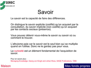 Savoir
     Le savoir est la capacité de faire des différences.

     On distingue le savoir explicite (codifié) qu’on acquiert par la
     consultation, du savoir implicite (non codifié) qu’on acquiert
     par les contacts sociaux (présence).

     Vous pouvez détenir vous-même le savoir ou savoir où ou
     comment le trouver.

     L’altruisme paie car le savoir est le seul bien qui se multiplie
     quand on l’utilise. Donc ne le gardez pas pour vous.
     La curiosité est un élément fondamental de l’acquisition de
     savoir.

     Pour en savoir plus :
     Managing Knowledge, Georg von Krogh and Johan Roos, SAGE Publications, 1996


Maison                                                            Mes fonds propres
 