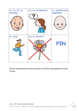 Autora: Mº Teresa Bartolomé Hernández
Pctogramas basados en : Sergio Palao Procedencia: ARASAAC (http://catedu.es/arasaac/) Licencia: CC (BY-NC-SA) 16
16, 17 y 18. SE
ESFUERZA
19 y 20. SE PREGUNTA 21. CULPABILIDAD
VERGÜENZA
22. HUYE 23 y 24. NO ESTÁ
FIN
Para la representación se hace una corola de cartulina y unos guantes en forma
de hoja.
 