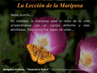 La Lección de la Mariposa
Nada ocurrió...

En realidad, la mariposa pasó el resto de su vida
arrastrándose con un cuerpo deforme y alas
atrofiadas. Ella nunca fue capaz de volar...
 