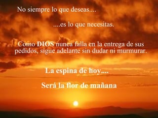 No siempre lo que deseas....   ....es lo que necesitas. Como  DIOS  nunca falla en la entrega de sus pedidos, sigue adelante sin dudar ni murmurar. La espina de hoy.... Será la flor de mañana 