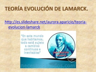 TEORÍA EVOLUCIÓN DE LAMARCK.
http://es.slideshare.net/aurora.aparicio/teoria-
evolucion-lamarck
 