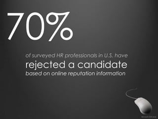 70%
of surveyed HR professionals in U.S. have

rejected a candidate
based on online reputation information




                                            Microsoft 2009 study
 