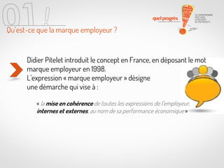 Qu’est-ce que la marque employeur ?

Didier Pitelet introduit le concept en France, en déposant le mot
marque employeur en 1998.
L’expression « marque employeur » désigne
une démarche qui vise à :
« la mise en cohérence de toutes les expressions de l’employeur,
internes et externes, au nom de sa performance économique »

 