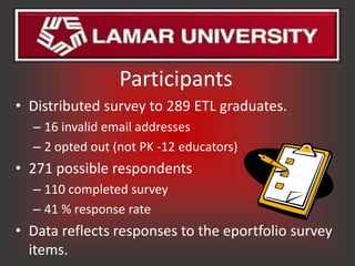 Participants
• Distributed survey to 289 ETL graduates.
  – 16 invalid email addresses
  – 2 opted out (not PK -12 educators)
• 271 possible respondents
  – 110 completed survey
  – 41 % response rate
• Data reflects responses to the eportfolio survey
  items.
 