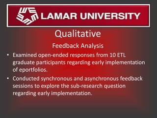Qualitative
                 Feedback Analysis
• Examined open-ended responses from 10 ETL
  graduate participants regarding early implementation
  of eportfolios.
• Conducted synchronous and asynchronous feedback
  sessions to explore the sub-research question
  regarding early implementation.
 