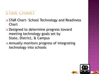 Star chartSTaR Chart- School Technology and Readiness ChartDesigned to determine progress toward meeting technology goals set by State, District, & CampusAnnually monitors progress of integrating technology into schools 