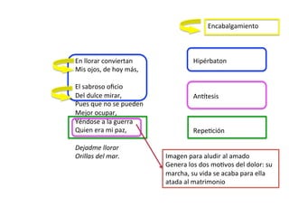 En	llorar	conviertan		
Mis	ojos,	de	hoy	más,		
	
El	sabroso	oﬁcio		
Del	dulce	mirar,		
Pues	que	no	se	pueden		
Mejor	ocupar,		
Yéndose	a	la	guerra		
Quien	era	mi	paz,		
	
Dejadme	llorar		
Orillas	del	mar.		
Anmtesis	
RepeDción	
Hipérbaton	
Encabalgamiento	
Imagen	para	aludir	al	amado	
Genera	los	dos	moDvos	del	dolor:	su	
marcha,	su	vida	se	acaba	para	ella	
atada	al	matrimonio	
 