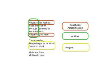 Váyanse			las	noches,	
Pues	ido			se	han		
Los	ojos			que	hacían		
Los	míos	velar;		
Váyanse,	y	no	vean		
	
Tanta	soledad,		
Después	que	en	mi	lecho		
Sobra	la	mitad.		
	
Dejadme	llorar		
Orillas	del	mar.	
RepeDción	
Personiﬁcación	
		
Anáfora	
Imagen	
 