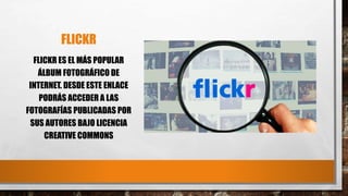 FLICKR
FLICKR ES EL MÁS POPULAR
ÁLBUM FOTOGRÁFICO DE
INTERNET. DESDE ESTE ENLACE
PODRÁS ACCEDER A LAS
FOTOGRAFÍAS PUBLICADAS POR
SUS AUTORES BAJO LICENCIA
CREATIVE COMMONS
 