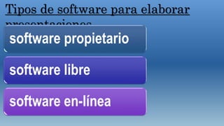 Tipos de software para elaborar
presentaciones
software propietario
software libre
software en-línea
 