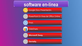 software en-línea
Google Docs Presentación.
PowerPoint En línea de Office Online.
Prezi.
SlideShare.
Microsoft Sway.
Genially.
 