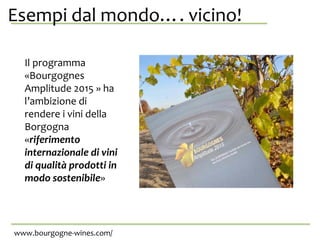 Esempi dal mondo…. vicino!stessa.
Il programma
«Bourgognes
Amplitude 2015 » ha
l’ambizione di
rendere i vini della
Borgogna
«riferimento
internazionale di vini
di qualità prodotti in
modo sostenibile»
www.bourgogne-wines.com/
 