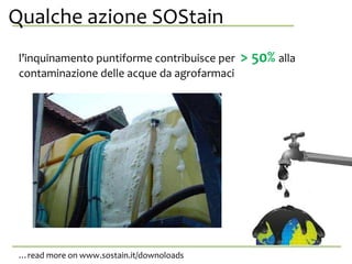 Qualche azione SOStainanche da se stessa.
l’inquinamento puntiforme contribuisce per > 50% alla
contaminazione delle acque da agrofarmaci
…read more on www.sostain.it/downoloads
 