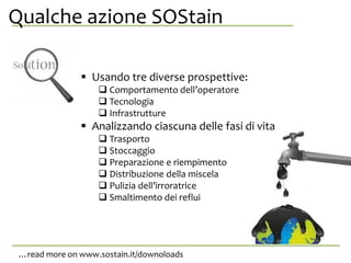 Qualche azione SOStainanche da se stessa.
 Usando tre diverse prospettive:
 Comportamento dell’operatore
 Tecnologia
 Infrastrutture
 Analizzando ciascuna delle fasi di vita
 Trasporto
 Stoccaggio
 Preparazione e riempimento
 Distribuzione della miscela
 Pulizia dell’irroratrice
 Smaltimento dei reflui
…read more on www.sostain.it/downoloads
 
