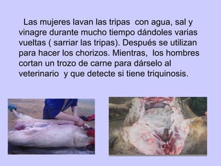 Las mujeres lavan las tripas con agua, sal y
vinagre durante mucho tiempo dándoles varias
vueltas ( sarriar las tripas). Después se utilizan
para hacer los chorizos. Mientras, los hombres
cortan un trozo de carne para dárselo al
veterinario y que detecte si tiene triquinosis.
 