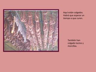 Aquí están colgados.
Habrá que esperar un
tiempo a que curen.

También han
colgado tocino y
morcillas.

 
