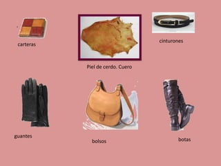 cinturones

carteras

Piel de cerdo. Cuero

guantes

bolsos

botas

 
