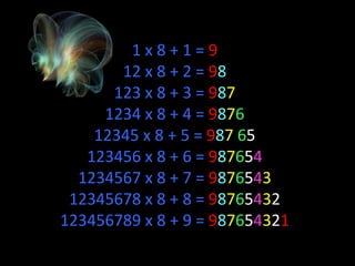 1 x 8 + 1 =  9 12 x 8 + 2 =  9 8 123 x 8 + 3 =  9 8 7 1234 x 8 + 4 =  9 8 7 6 12345 x 8 + 5 =  9 8 7   6 5 123456 x 8 + 6 =  9 8 7 6 5 4 1234567 x 8 + 7 =  9 8 7 6 5 4 3 12345678 x 8 + 8 =  9 8 7 6 5 4 3 2 123456789 x 8 + 9 =  9 8 7 6 5 4 3 2 1 