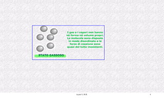 STATO GASSOSO I gas e i vapori non hanno nè forma nè volume propri. Le molecole sono disposte in modo disordinato e le forze di coesione sono quasi del tutto inesistenti. 