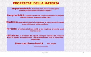 PROPRIETA' DELLA MATERIA Impenetrabilità:  due corpi non possono occupare  contemporaneamente lo stesso spazio. Comprimibilità:  capacità di alcuni corpi di diminuire il proprio  volume quando vengono schiacciati. Elasticità: capacità dei corpi di riprendere la forma primitiva dopo  aver subito una  deformazione.  Porosità:  proprietà di alcuni solidi la cui struttura presenta spazi  microscopici. Diffusione:  le molecole dei liquidi e dei gas tendono ad occupare  tutto lo spazio a disposizione. I solidi diffondono solo in particolari  condizioni Peso specifico e densità  Gira pagina 