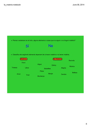 la_materia.notebook
6
June 08, 2014
Matèria No Matèria
• Classifica els següents elements depenent de si tenen matèria o no tenen matèria.
• Pensa: existeixen en el món, alguns elements o coses que no siguin o no tinguin matèria?
Ferro
Llibre
Amor
Aigua
Cendra
Pilota
Fred
Muntanya
Esforç
Records
AlegriaTristesa
Menjar
Sabatilles
Música
Bellesa
Sí No
 
