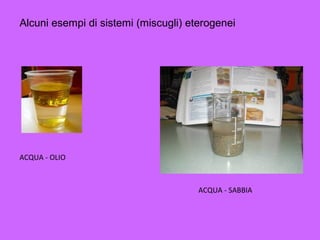 ACQUA - OLIO
ACQUA - SABBIA
Alcuni esempi di sistemi (miscugli) eterogenei
 