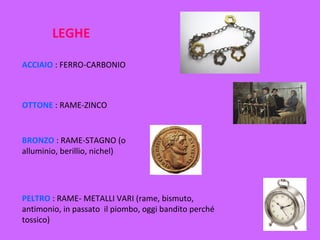 LEGHE
ACCIAIO : FERRO-CARBONIO
OTTONE : RAME-ZINCO
BRONZO : RAME-STAGNO (o
alluminio, berillio, nichel)
PELTRO : RAME- METALLI VARI (rame, bismuto,
antimonio, in passato il piombo, oggi bandito perché
tossico)
 