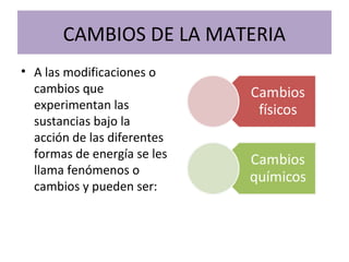 CAMBIOS DE LA MATERIA
• A las modificaciones o
cambios que
experimentan las
sustancias bajo la
acción de las diferentes
formas de energía se les
llama fenómenos o
cambios y pueden ser:
 