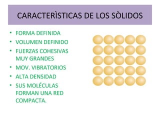 CARACTERÌSTICAS DE LOS SÒLIDOS
• FORMA DEFINIDA
• VOLUMEN DEFINIDO
• FUERZAS COHESIVAS
MUY GRANDES
• MOV. VIBRATORIOS
• ALTA DENSIDAD
• SUS MOLÉCULAS
FORMAN UNA RED
COMPACTA.
 