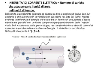 • INTENSITA’ DI CORRENTE ELETTRICA = Numero di cariche
che attraversano l’unità di area
nell’unità di tempo.
Seguendo la precedente analogia, la densità ci dice la quantità di acqua con cui
abbiamo a che fare ma non la velocità con cui scorre nel letto del fiume. Risulta
evidente la differenza di energia che esiste tra un fiume con una portata d’acqua
elevata ma “placido” con un fiume con portata più piccola ma con delle “ rapide”
molto forti. Ancora una volta, per analogia, nel campo elettrico la velocità con cui si
muovono le cariche indica una diversa Energia . Il simbolo con cui di indica
l’intensità di corrente è I [ I ] = A.
 