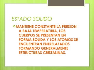 ESTADO SOLIDO
 MANTIENE

CONSTANTE LA PRESION
A BAJA TEMPERATURA, LOS
CUERPOS SE PRESENTAN EN
FORMA SOLIDA Y LOS ATOMOS SE
ENCUENTRAN ENTRELAZADOS
FORMANDO GENERALMENTE
ESTRUCTURAS CRISTALINAS.

 