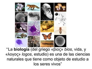 “ La  biología  (del griego «βιος»  bios , vida, y «λογος»  logos , estudio) es una de las ciencias naturales que tiene como objeto de estudio a los seres vivos” 