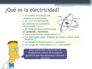 ¿Qué es la electricidad?
Estas partículas ( electrones ) al
desplazarse a través de la materia
genera lo que denominamos corriente
eléctrica.
 