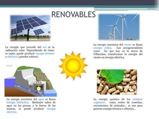 La energía que procede del sol es la
radicación solar. Dependiendo de cómo
se capte, puede producir energía térmica
o eléctrica ( paneles solares)
La energía mecánica del agua se llama
energía hidráulica. Mediante saltos de
agua en las presas, y la fuerza de las
mareas, se puede producir energía
eléctrica.
La energía mecánica del viento se llama
energía eólica. Los aerogeneradores
como los que hay en la sierra de
Villacañas, transforman la energía del
viento en energía eléctrica.
La energía química de los residuos
orgánicos, como restos de cosechas,
excrementos de animales… se usa para
generar energía térmica o eléctrica. .
RENOVABLES
 