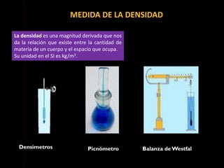 La densidad es una magnitud derivada que nos
da la relación que existe entre la cantidad de
materia de un cuerpo y el espacio que ocupa.
Su unidad en el SI es kg/m3.
MEDIDA DE LA DENSIDAD
Densímetros Picnómetro Balanza deWestfal
 