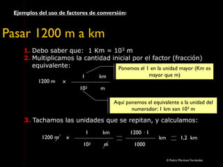 Ejemplos del uso de factores de conversión:
Pasar 1200 m a km
1. Debo saber que: 1 Km = 103 m
2. Multiplicamos la cantidad inicial por el factor (fracción)
equivalente:
1200 m x
km
m
1
103
Aquí ponemos el equivalente a la unidad del
numerador: 1 km son 103 m
Ponemos el 1 en la unidad mayor (Km es
mayor que m)
3. Tachamos las unidades que se repitan, y calculamos:
1200 m x
km
m
1
103
1200 · 1
1000
km 1,2 km
© Pedro Martínez Fernández
 