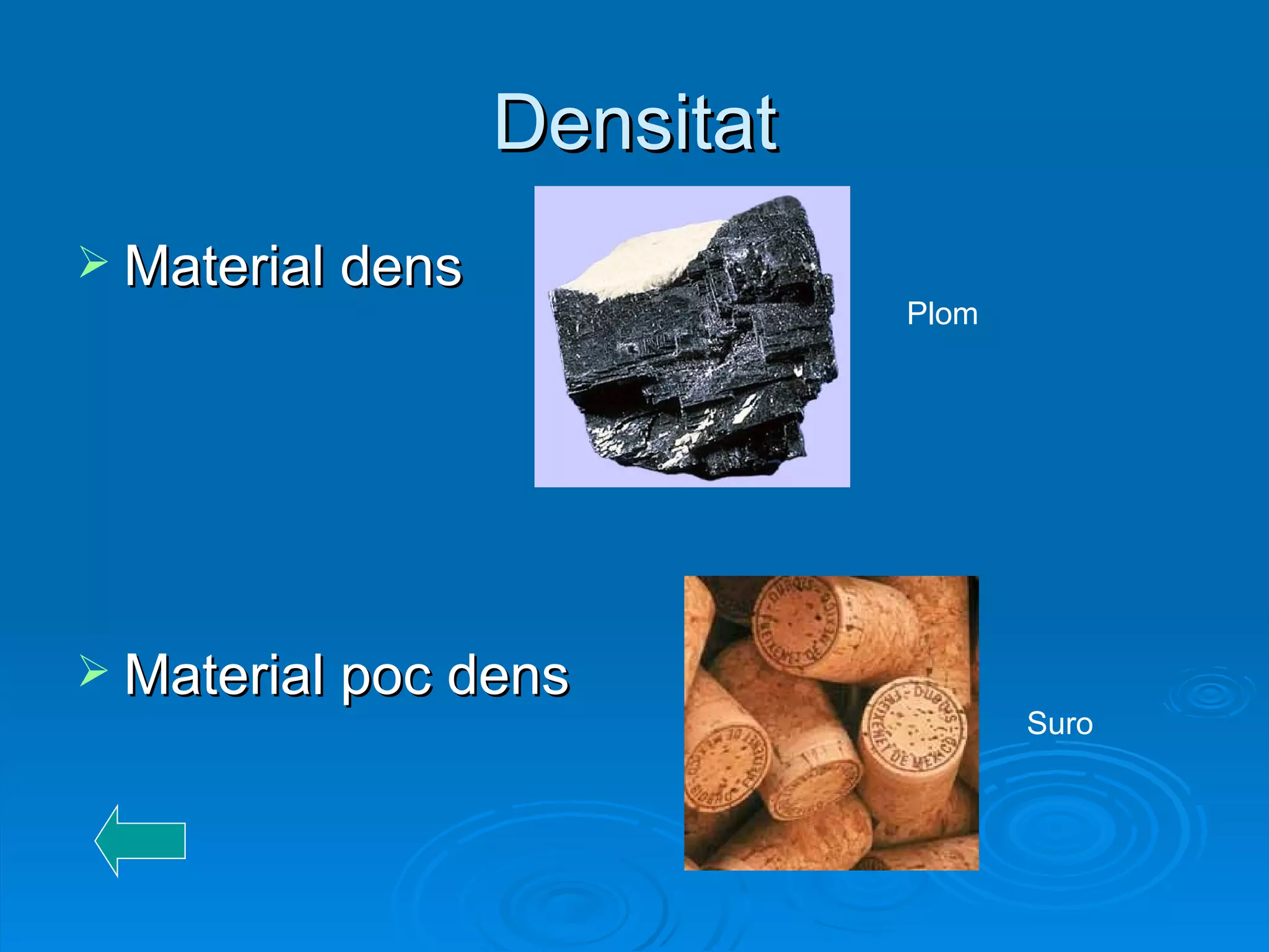 Densitat Material dens Material poc dens Plom Suro 