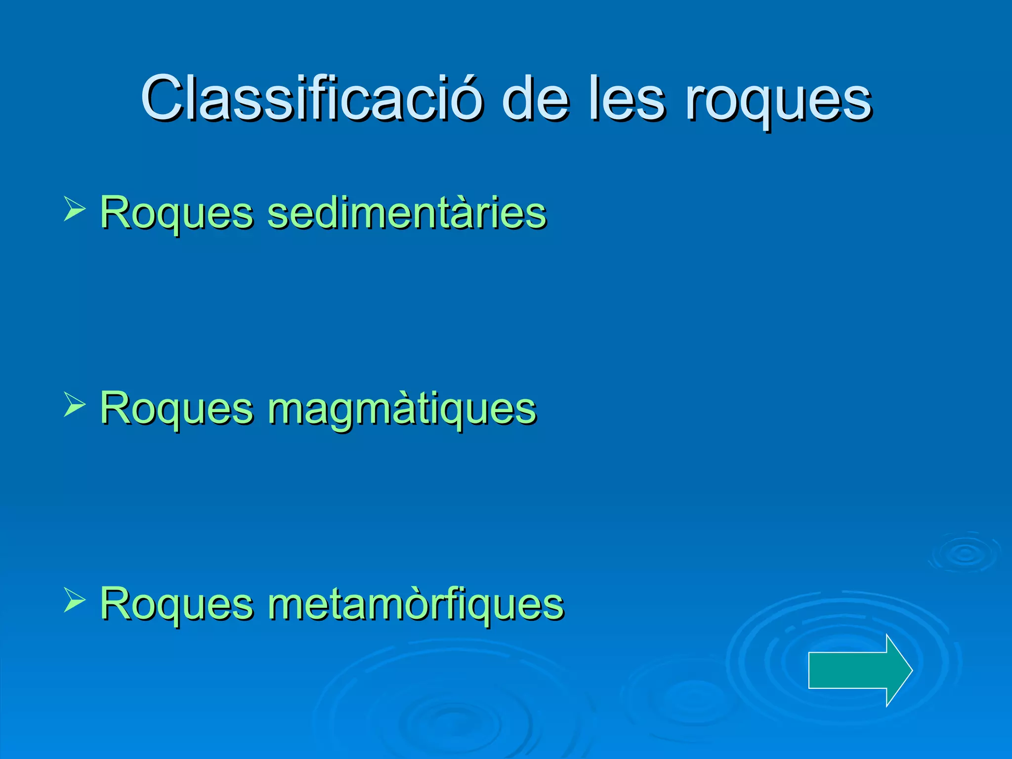 Classificació de les roques Roques sedimentàries Roques magmàtiques Roques metamòrfiques 