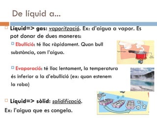De líquid a... Líquid=> gas:  vaporització .  Ex: d’aigua a vapor. Es pot donar de dues maneres: Ebullició : té lloc ràpidament. Quan bull  substància, com l’aigua. Evaporació : té lloc lentament, la temperatura és inferior a la d’ebullició (ex: quan estenem  la roba) Líquid=> sòlid:  solidificació .  Ex: l’aigua que es congela.  