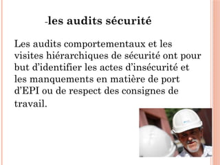 -les audits sécurité
Les audits comportementaux et les
visites hiérarchiques de sécurité ont pour
but d’identifier les actes d’insécurité et
les manquements en matière de port
d’EPI ou de respect des consignes de
travail.
 