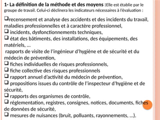 1- La définition de la méthode et des moyens :Elle est établie par le
groupe de travail. Celui-ci déclinera les indicateurs nécessaires à l’évaluation :
recensement et analyse des accidents et des incidents du travail,
maladies professionnelles et à caractère professionnel,
 incidents, dysfonctionnements techniques,
 état des bâtiments, des installations, des équipements, des
matériels, …
rapports de visite de l’ingénieur d’hygiène et de sécurité et du
médecin de prévention,
 fiches individuelles de risques professionnels,
 fiche collective des risques professionnels
 rapport annuel d’activité du médecin de prévention,
 propositions issues du contrôle de l’inspecteur d’hygiène et de
sécurité,
 rapports des organismes de contrôle,
 réglementation, registres, consignes, notices, documents, fiches
de données de sécurité,
 mesures de nuisances (bruit, polluants, rayonnements, …).
 