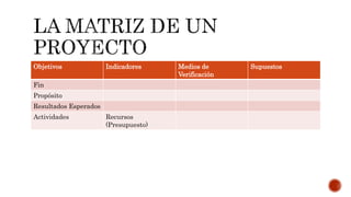 Objetivos Indicadores Medios de
Verificación
Supuestos
Fin
Propósito
Resultados Esperados
Actividades Recursos
(Presupuesto)
 
