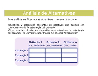 Análisis de Alternativas
En el análisis de Alternativas se realizan una serie de acciones:

•Identifica y selecciona conjuntos de objetivos que pueden ser
componentes de la estrategia del proyecto
•Si un análisis ulterior es requerido para establecer la estrategia
del proyecto, se completa una “Matriz de Análisis Alternativas”
 