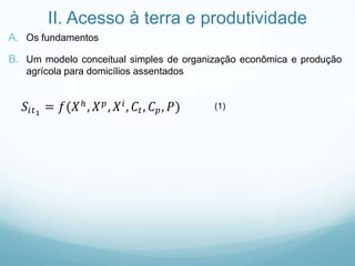 II. Acesso à terra e produtividade
A. Os fundamentos
B. Um modelo conceitual simples de organização econômica e produção
agrícola para domicílios assentados
(1)
 