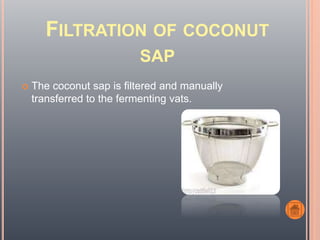 FILTRATION OF COCONUT
SAP
 The coconut sap is filtered and manually
transferred to the fermenting vats.
 