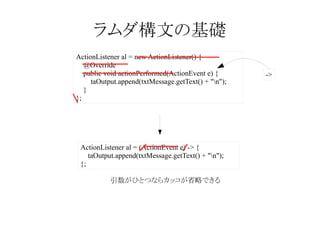 ラムダ構文の基礎
ActionListener al = new ActionListener() {
@Override
public void actionPerformed(ActionEvent e) {
taOutput.append(txtMessage.getText() + "n");
}
};

ActionListener al = (ActionEvent e) -> {
taOutput.append(txtMessage.getText() + "n");
};
引数がひとつならカッコが省略できる

->

 
