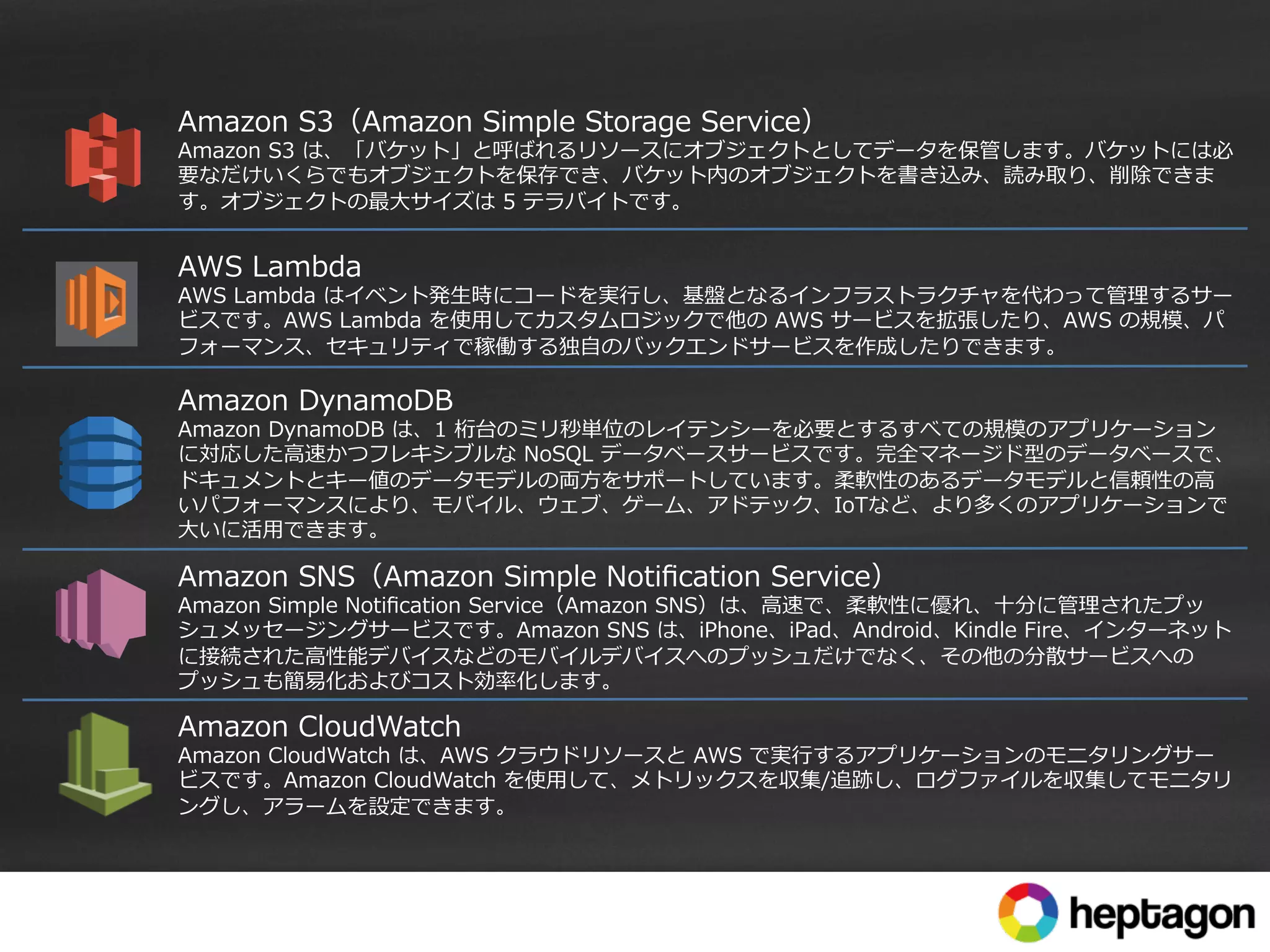 Amazon  S3（Amazon  Simple  Storage  Service）
Amazon  S3  は、「バケット」と呼ばれるリソースにオブジェクトとしてデータを保管します。バケットには必
要なだけいくらでもオブジェクトを保存でき、バケット内のオブジェクトを書き込み、読み取り、削除できま
す。オブジェクトの最⼤大サイズは  5  テラバイトです。
AWS  Lambda
AWS  Lambda  はイベント発⽣生時にコードを実⾏行行し、基盤となるインフラストラクチャを代わって管理理するサー
ビスです。AWS  Lambda  を使⽤用してカスタムロジックで他の  AWS  サービスを拡張したり、AWS  の規模、パ
フォーマンス、セキュリティで稼働する独⾃自のバックエンドサービスを作成したりできます。
Amazon  DynamoDB
Amazon  DynamoDB  は、1  桁台のミリ秒単位のレイテンシーを必要とするすべての規模のアプリケーション
に対応した⾼高速かつフレキシブルな  NoSQL  データベースサービスです。完全マネージド型のデータベースで、
ドキュメントとキー値のデータモデルの両⽅方をサポートしています。柔軟性のあるデータモデルと信頼性の⾼高
いパフォーマンスにより、モバイル、ウェブ、ゲーム、アドテック、IoTなど、より多くのアプリケーションで
⼤大いに活⽤用できます。
Amazon  SNS（Amazon  Simple  Notiﬁcation  Service）
Amazon  Simple  Notiﬁcation  Service（Amazon  SNS）は、⾼高速で、柔軟性に優れ、⼗十分に管理理されたプッ
シュメッセージングサービスです。Amazon  SNS  は、iPhone、iPad、Android、Kindle  Fire、インターネット
に接続された⾼高性能デバイスなどのモバイルデバイスへのプッシュだけでなく、その他の分散サービスへの
プッシュも簡易易化およびコスト効率率率化します。
Amazon  CloudWatch
Amazon  CloudWatch  は、AWS  クラウドリソースと  AWS  で実⾏行行するアプリケーションのモニタリングサー
ビスです。Amazon  CloudWatch  を使⽤用して、メトリックスを収集/追跡し、ログファイルを収集してモニタリ
ングし、アラームを設定できます。
 
