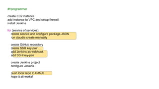 #!/programmer
create EC2 instance
add instance to VPC and setup firewall
install Jenkins
for (service of services):
create service and configure package.JSON
run claudia create manually
create GitHub repository
create SSH key-pair
add Jenkins as webhook
add SSH key-pair
create Jenkins project
configure Jenkins
push local repo to Github
hope it all works!
 