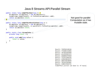 Java 8 Streams API:Parallel Stream
Not good for parallel
Computation as it has
mutable state.
 